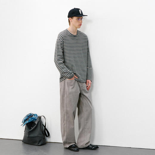 714street美式复古肌理感长袖上衣2026春季潮牌宽松落肩条纹T恤男 商品图3