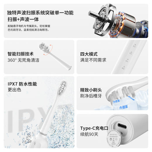 【内购送礼优惠】电动牙刷KLE3智能扫振声波技术4大模式IPX7级防水Type-C快充 商品图1