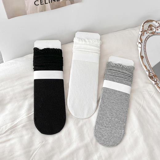 【59元3双】女士时尚抽条泡泡口堆堆袜春夏时尚袜子白女袜【2612519】 商品图1