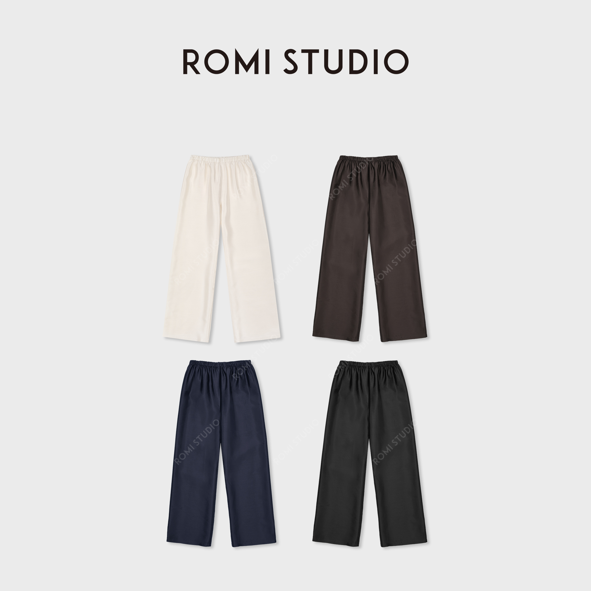 ROMI STUDIO"无缝裤"真丝羊毛混纺光泽松紧腰直筒裤RWCAX06889