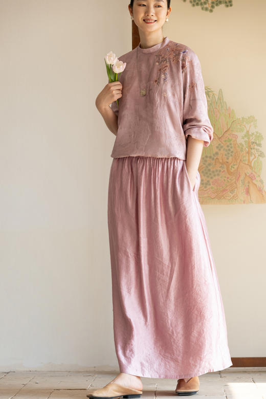 牧衣游原创 26姆米丝麻半身裙宽松质朴粉色肌理感百搭半裙 寻野 商品图5