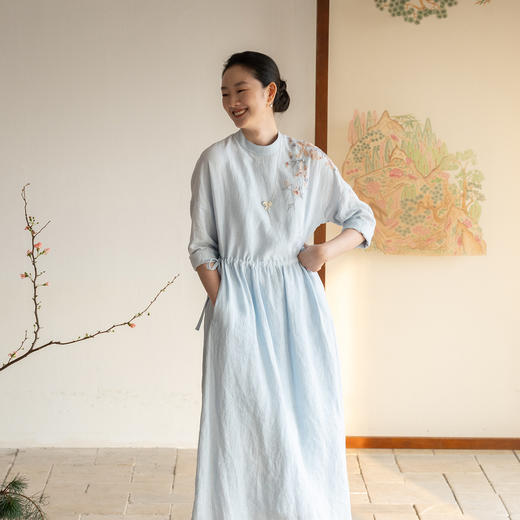 牧衣游原创 汉麻手工刺绣连衣裙新款柔软舒适宽松文艺长裙 拾雾 商品图0