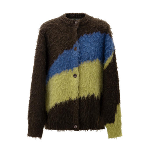 SELFWHO马海毛混纺撞色针织开衫外套女2025冬季新款宽松慵懒毛衣 商品图4