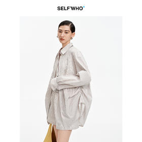 SELFWHO棉混纺撞色对称绣花条纹衬衫女2026春季新款宽松翻领上衣