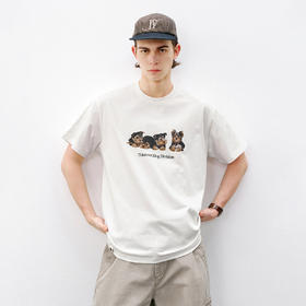 714street美式复古小狗印花短袖2026春夏宽松纯棉情侣T恤男女同款