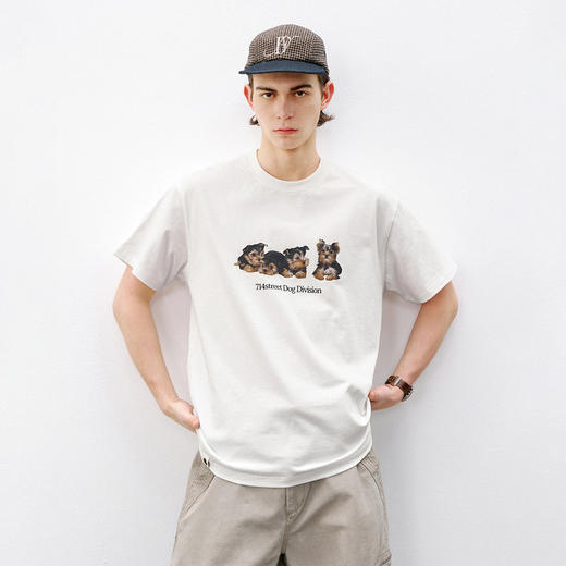 714street美式复古小狗印花短袖2026春夏宽松纯棉情侣T恤男女同款 商品图0