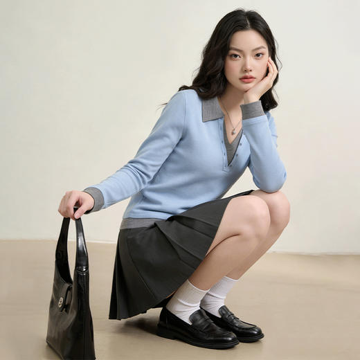西遇复古修身假两件针织衫女2026年春季新款翻领撞色显瘦长袖毛衣10260068 商品图4
