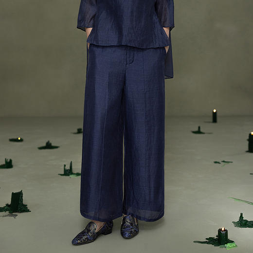 【林栖设计小店】山林抚风|藏青色丝麻绣花宽松百搭2026春新款阔腿裤子1961098 商品图3