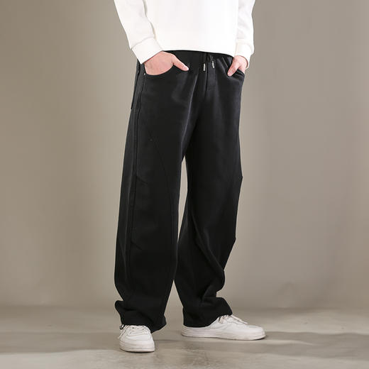 DRONKOO 2026 抽绳松紧腰前结构口袋同色钉扣喷色做旧中厚卫裤长裤 商品图2