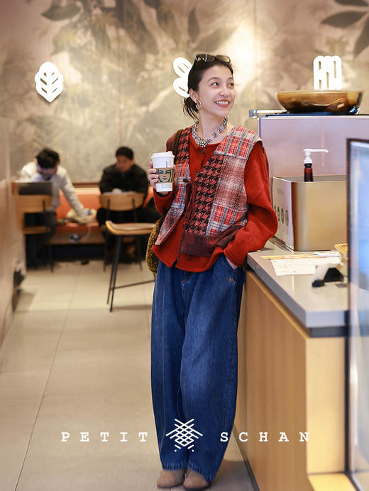 Petit Schan小闪 CLO#1050 Happy family reunion 合家欢喜 绵羊毛格纹百家布V领拼色马甲 商品图2