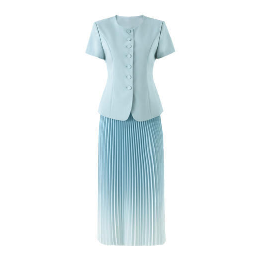 「高货wl」全新升级【铂金会员367/天猫499/差价132】(05650)洛诗琳2026春季新款气质优雅通勤短袖上衣+时尚渐变百褶半身裙两件套 商品图4