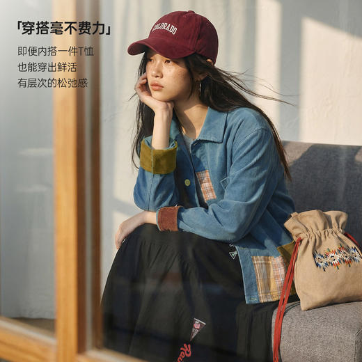 马登复古蓝撞色拼接衬衫夹克全纯棉灯芯绒翻领薄外套上衬衣女士春 商品图4