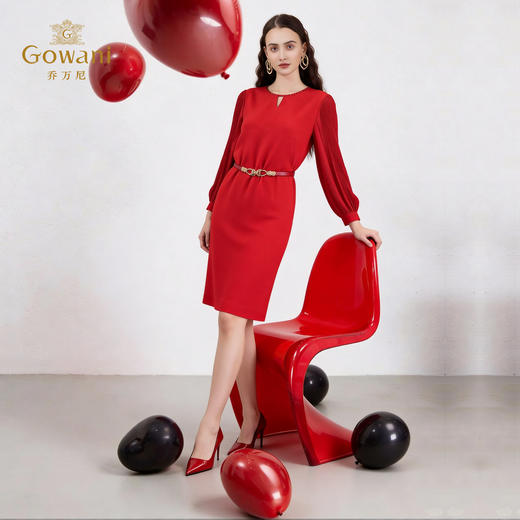 乔万尼新品精致钉珠设计拼接长袖收腰连衣裙ED1E906 商品图3