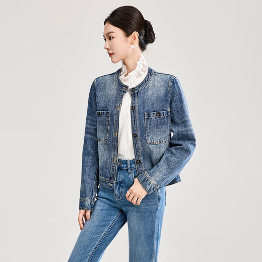 「高货wl」全新升级【铂金会员330/天猫449/差价119】(00936)洛诗琳复古丹宁风水洗棉圆领外套2026春夏新款通勤牛仔外套女 商品图0