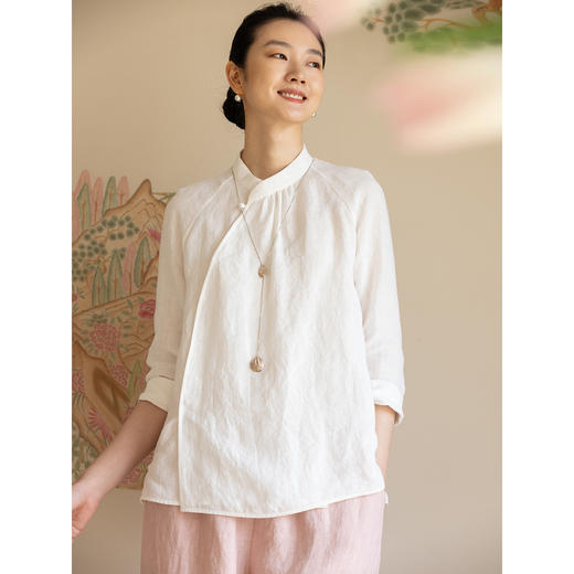 牧衣游原创 汉麻净色衬衫女新款立领斜襟百搭中式衬衣茶服 明月诗 商品图2