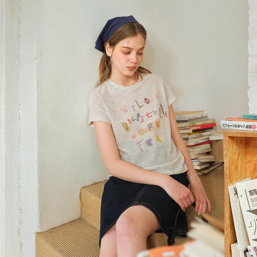 714street轻薄150g花纱彩棉短袖上衣2026春夏新款文字印花T恤女款 商品图1