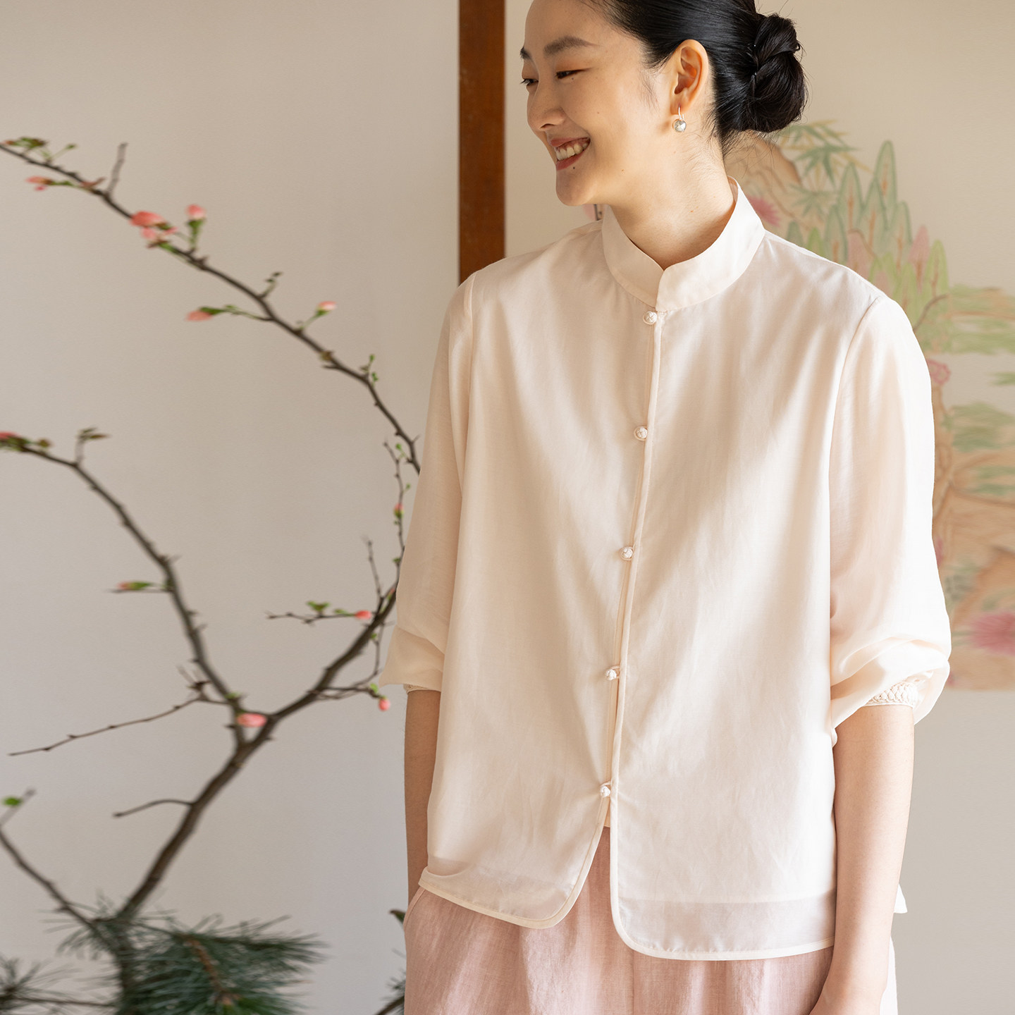 牧衣游原创 丝棉净色衬衫女新款轻薄文艺百搭极简新中式上衣 物空