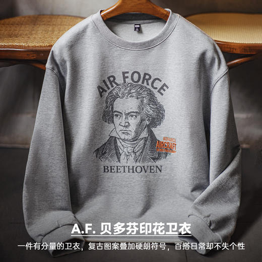 马登工装美式灰色卷边全纯棉卫衣宽松套头印花刺绣长袖T恤男款春 商品图1