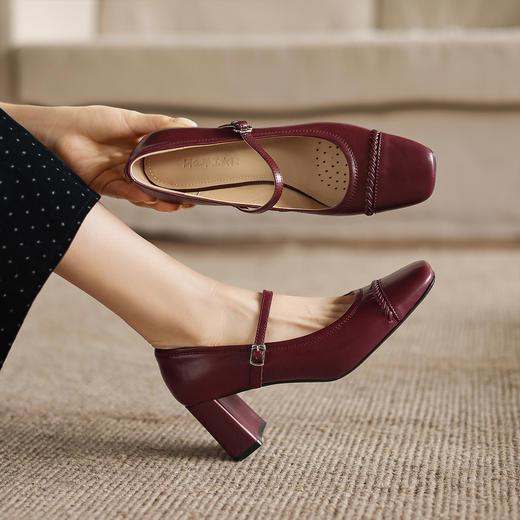 阿么手工女鞋真皮高跟一字带单鞋浅口女复古高级感玛丽珍鞋6.5CM 商品图4