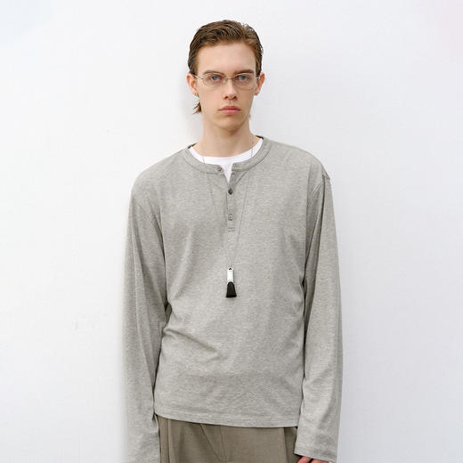 714street莱赛尔天丝长袖上衣2026春季美丽诺羊毛老钱亨利领T恤男 商品图1