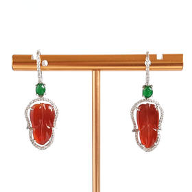 【天然正品】A货翡翠AU750白金豪镶钻镶天然细腻冰种叶子（金枝玉叶）红翡耳坠35.9*12.7*4.6MM（皆取最大值）141125AH23