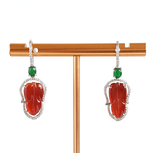 【天然正品】A货翡翠AU750白金豪镶钻镶天然细腻冰种叶子（金枝玉叶）红翡耳坠35.9*12.7*4.6MM（皆取最大值）141125AH23 商品图0