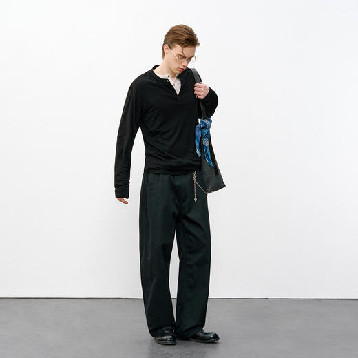 714street莱赛尔天丝长袖上衣2026春季美丽诺羊毛老钱亨利领T恤男 商品图2