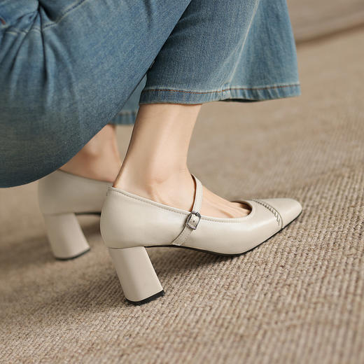 阿么手工女鞋真皮高跟一字带单鞋浅口女复古高级感玛丽珍鞋6.5CM 商品图3