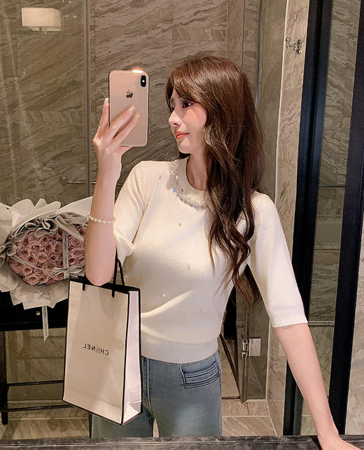 张心子【心动赴约】圆领软糯亲肤钉珠针织衫上衣 U2602041 商品图5