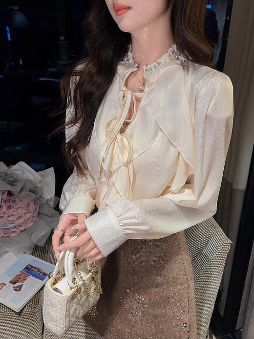 张心子【琉光漫歌】法式小资系带荷叶边雪纺衫女春新款洋气衬衫 U2602077 商品图7