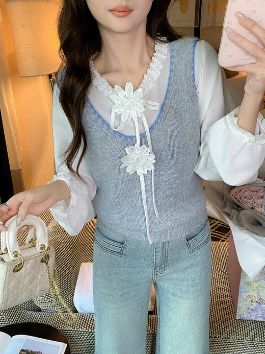 张心子【叠穿美学】复古撞色针织马甲背心女春季新款无袖坎肩上衣 U2602049 商品图8