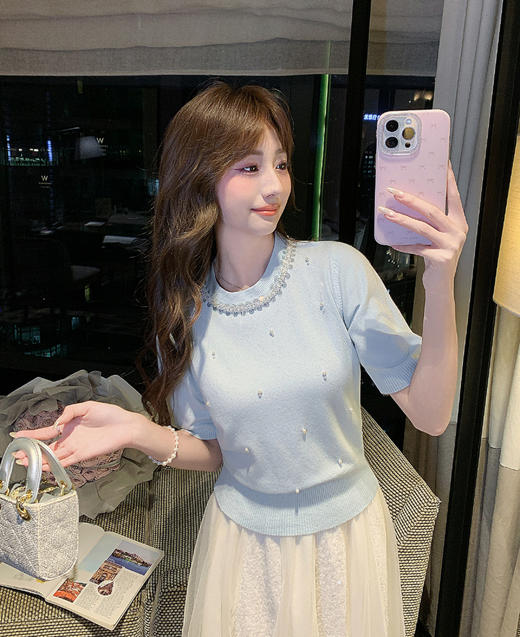 张心子【心动赴约】圆领软糯亲肤钉珠针织衫上衣 U2602041 商品图3