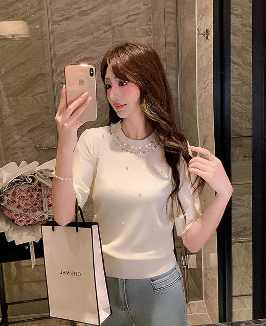 张心子【心动赴约】圆领软糯亲肤钉珠针织衫上衣 U2602041 商品图2