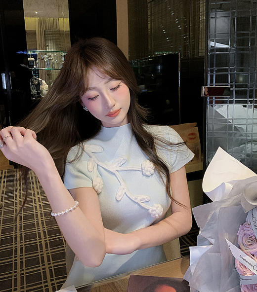 张心子【藤蔓花】半高领立体花朵针织衫短袖上衣 U2602085 商品图1