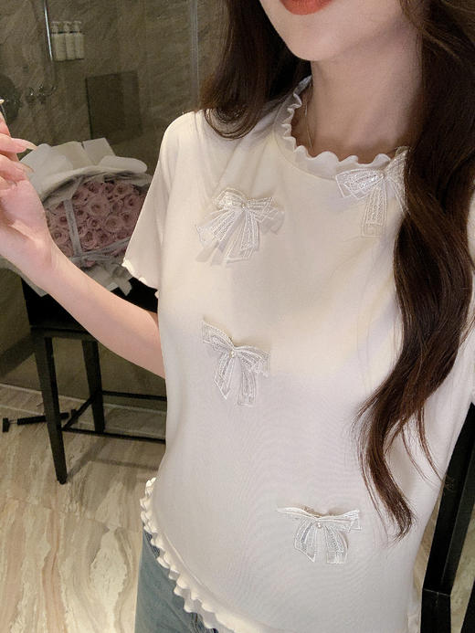 张心子【自在松弛】甜美波浪纹针织衫女短袖春夏新款法式修身T恤 U2602063 商品图7