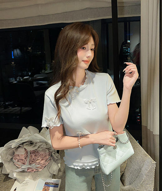 张心子【自在松弛】甜美波浪纹针织衫女短袖春夏新款法式修身T恤 U2602063 商品图4