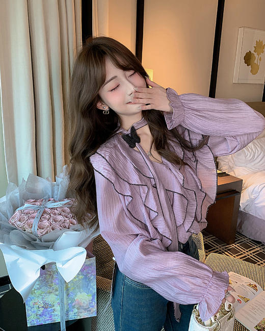 张心子【白日舒曼】撞色木耳边雪纺衬衫女春新款绝美独特洋气上衣 U2602064 商品图8