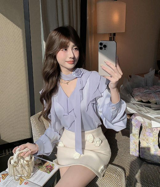 张心子【南法遐想】荷叶边花朵仙气秋装独特别致小资衬衫上衣 U2602088 商品图6