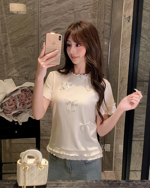 张心子【自在松弛】甜美波浪纹针织衫女短袖春夏新款法式修身T恤 U2602063 商品图6