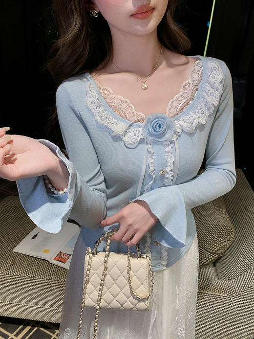 张心子【假日甜心】法式纯欲蕾丝针织衫女2026春新款别致修身上衣 U2602046 商品图3