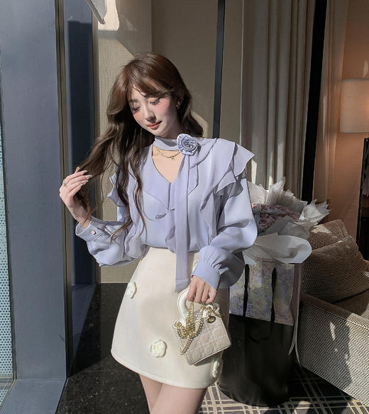 张心子【南法遐想】荷叶边花朵仙气秋装独特别致小资衬衫上衣 U2602088 商品图2