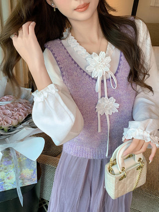 张心子【记忆香氛】花边领系带雪纺衫女春季新款法式内搭衬衫上衣 U2602070 商品图2