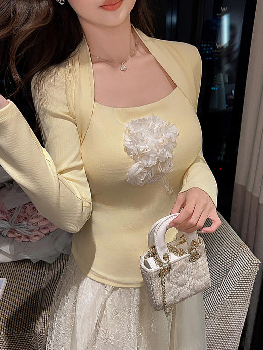 张心子【花影轻喃】设计感假两件修身显瘦T恤女长袖春季新款上衣 U2602065 商品图1