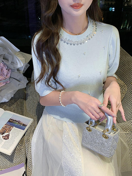 张心子【心动赴约】圆领软糯亲肤钉珠针织衫上衣 U2602041 商品图6