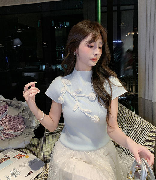 张心子【藤蔓花】半高领立体花朵针织衫短袖上衣 U2602085 商品图5