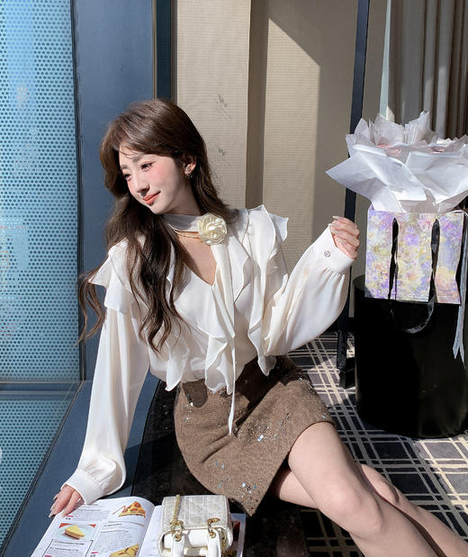 张心子【南法遐想】荷叶边花朵仙气秋装独特别致小资衬衫上衣 U2602088 商品图7