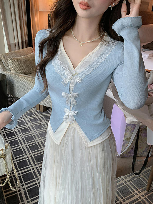 张心子【半糖主义】甜美假两件撞色针织衫女长袖早春新款修身上衣 U2602047 商品图3