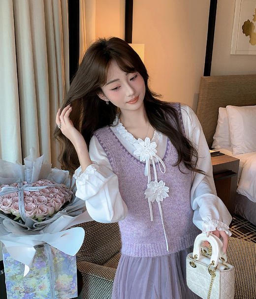 张心子【叠穿美学】复古撞色针织马甲背心女春季新款无袖坎肩上衣 U2602049 商品图9