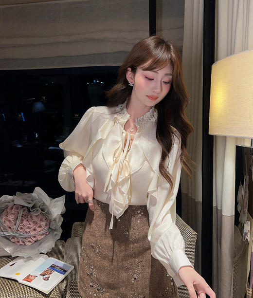 张心子【琉光漫歌】法式小资系带荷叶边雪纺衫女春新款洋气衬衫 U2602077 商品图4