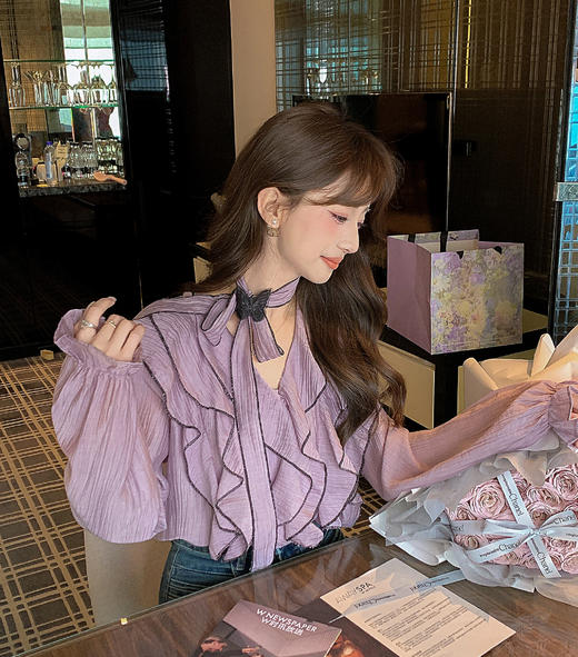 张心子【白日舒曼】撞色木耳边雪纺衬衫女春新款绝美独特洋气上衣 U2602064 商品图14